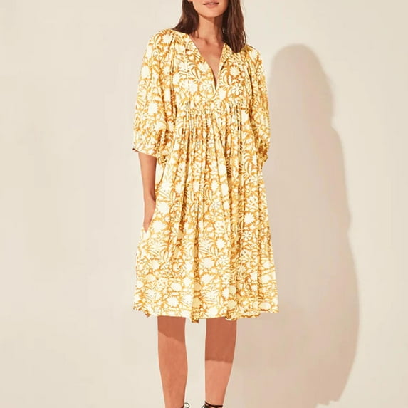 Womens Floral Dress Women's Fall Winter Casual Long Sleeved Solid Color Loose V Neck Fashionable Comfortable Midi Flattering Dresses to Hide Tummy Yellow S-2XL