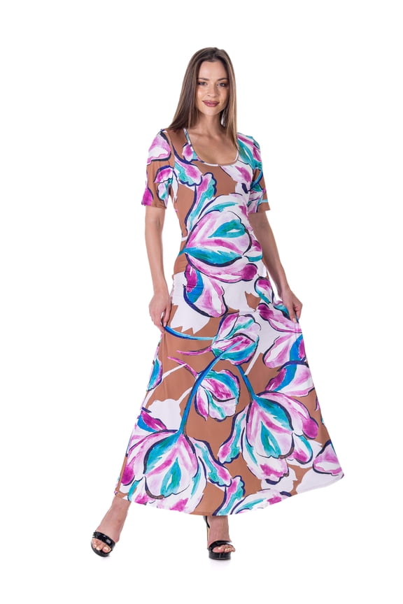 Womens Floral Elbow Sleeve Maxi Dress