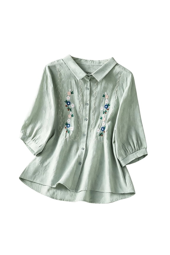 Womens Floral Embroidered Button Down Shirt 3/4 Sleeve Linen Cotton Dressy Blouse Loose Fit for Summer Vacation Green XXL
