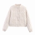 thumbnail image 1 of Womens Floral Embroidered Cropped Quilted Jacket Winter Warm Button Down Puffer Jacket Coat with Pockets Beige L, 1 of 7