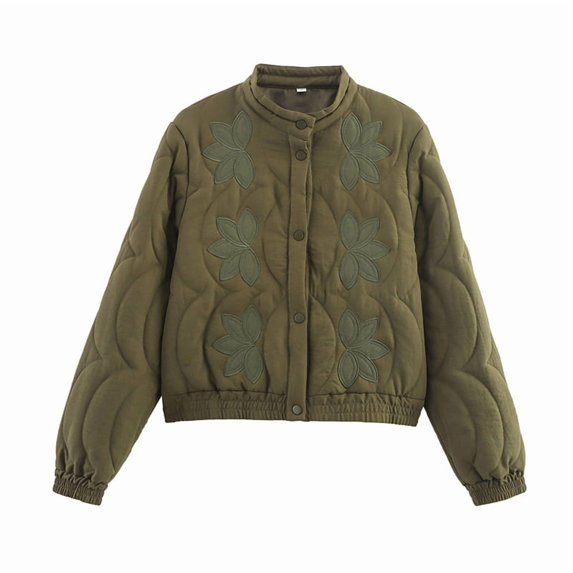 Womens Floral Embroidered Cropped Quilted Jacket Winter Warm Button Down Puffer Jacket Coat with Pockets Green S