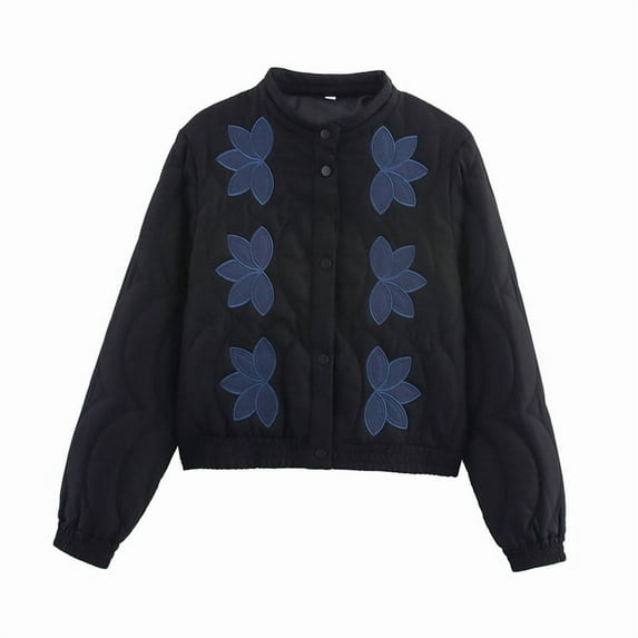 Womens Floral Embroidered Cropped Quilted Jacket Winter Warm Button Down Puffer Jacket Coat with Pockets