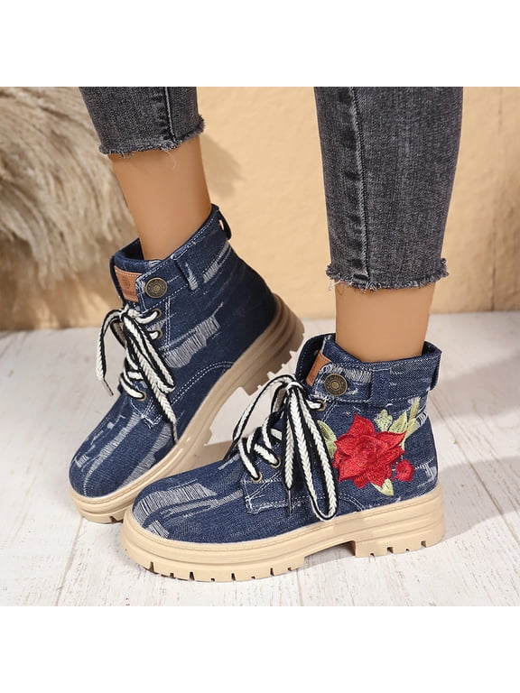 Womens Floral Embroidered Denim Boots Lace Up Combat Lug Sole Platform Canvas Printed Retro Vintage Unique Eye Catching Comfortable Streetwear Festival Party Outdoor Casual Autumn,Black 5.5