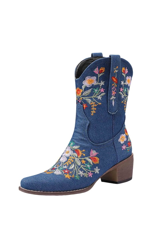 Womens Floral Embroidered Denim Cowboy Boots Vintage Flower Pointed Toe Chunky Mid Heel Wide Calf Cowgirl Booties