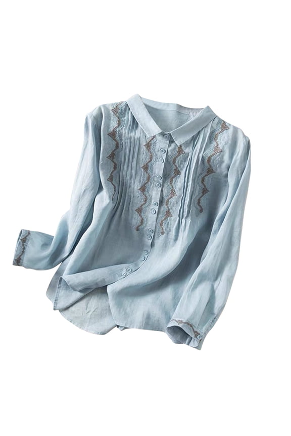 Womens Floral Embroidered Linen Shirt Long Sleeve Loose Bohemian Mexican Peasant Tunic Button Down Blouses Flowy Tops