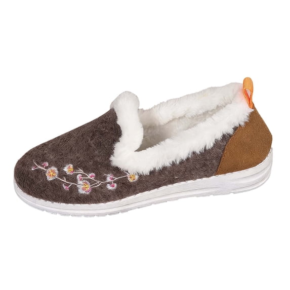 Womens Floral Embroidered Slippers With Cozy Plush Lined and Indoor/Outdoor Rubber Sole Slipper Winter Snow Boots Flat Shoes