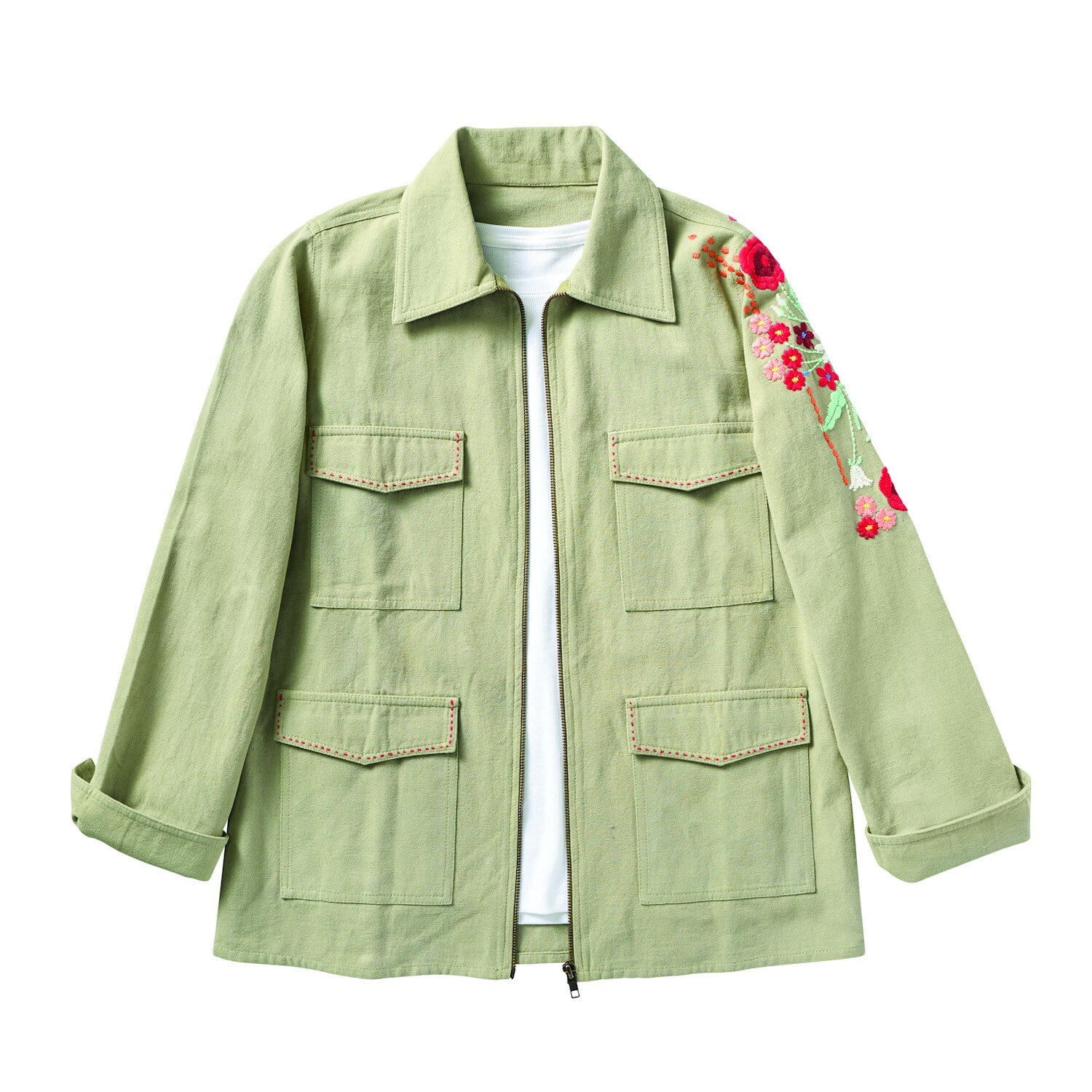 Womens Floral Embroidered Utility Jacket Field Jacket with Pockets by