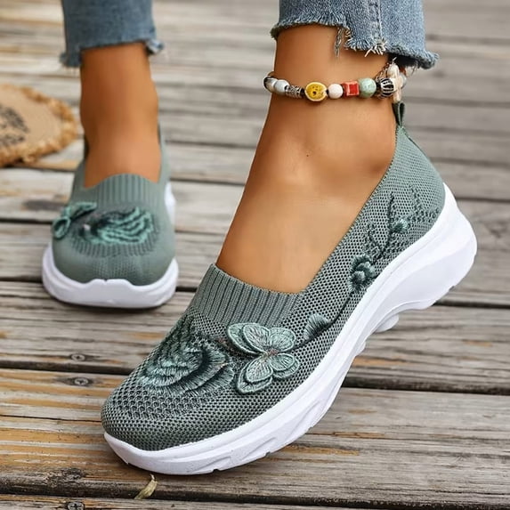Womens Floral Embroidery Slip On Sneakers Soft Knit Mesh Walking Shoes Lightweight Comfortable Casual Flats for Travel Work Daily Wear Easy On Off Arch Support Flexible Sole,US Size: 8