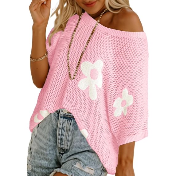 Womens Floral Fashion Summer Tops 2025 Short Sleeve Crochet Sweaters Swimsuit Cover Ups Lightweight Knit Pullover