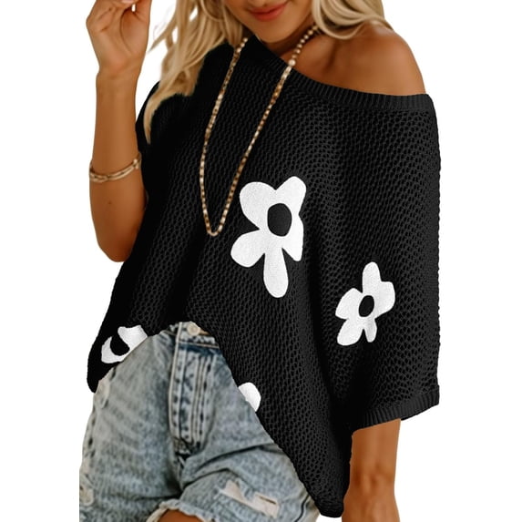 Womens Floral Fashion Summer Tops 2025 Short Sleeve Crochet Sweaters Swimsuit Cover Ups Lightweight Knit Pullover