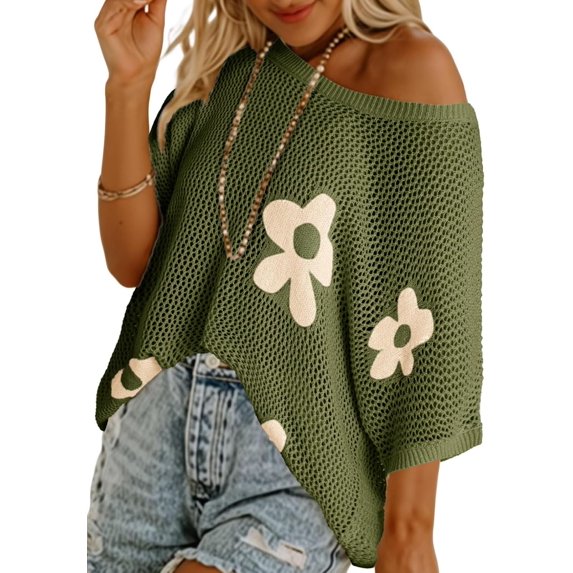 Womens Floral Fashion Summer Tops 2025 Short Sleeve Crochet Sweaters Swimsuit Cover Ups Lightweight Knit Pullover