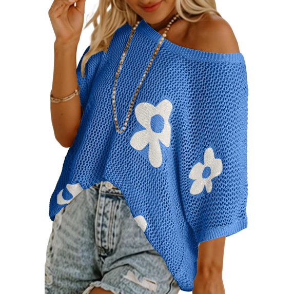 Womens Floral Fashion Summer Tops 2025 Short Sleeve Crochet Sweaters Swimsuit Cover Ups Lightweight Knit Pullover