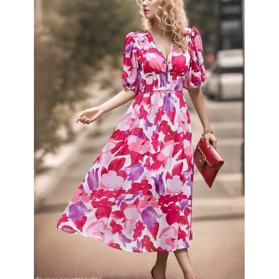 ZANKLEY Womens Floral Flowy Wrap V Neck Midi Dress Short Sleeve Casual Spring Summer Dresses for Women