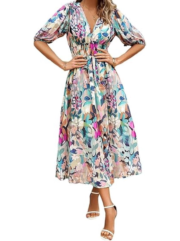Womens Floral Flowy Wrap V Neck Midi Dress Short Sleeve Casual Spring Summer Dresses for Women