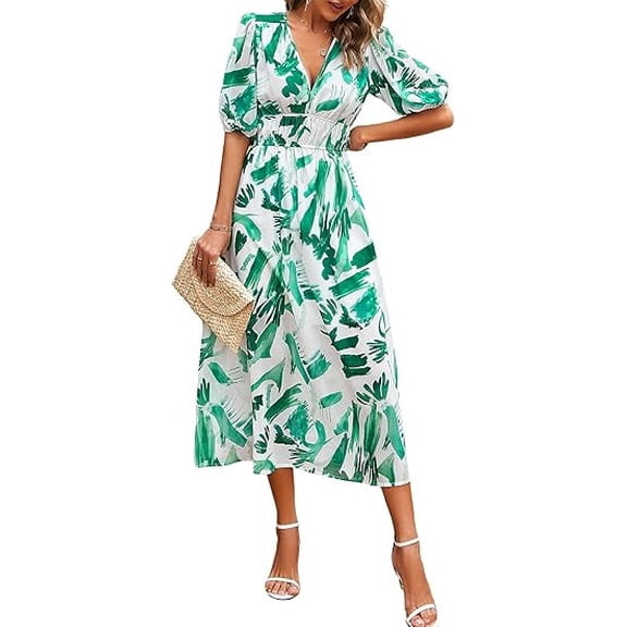 ZANKLEY Womens Floral Flowy Wrap V Neck Midi Dress Short Sleeve Casual Spring Summer Dresses for Women