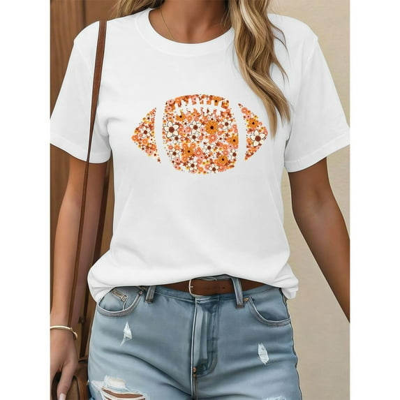 Womens Floral Football Graphic Tee Vintage T Shirt Tops Comfortable Round-neck long-sleeved White S-5XL