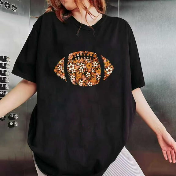 Womens Floral Football Graphic Tee Cotton Vintage T Shirt Tops Round-neck long-sleeved Black S-5XL