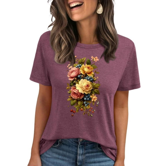 Womens Floral Graphic T-Shirts, Women's Casual Short Sleeve Crew Neck T-Shirts, Vintage Flowers Printed Graphic Tees Summer Tops
