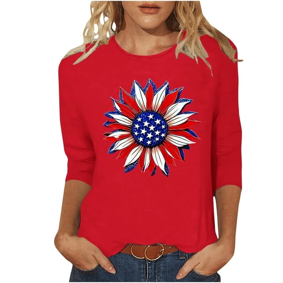 Womens Floral Graphic Tees 3/4 Sleeve Trendy Holiday Patriotic Tshirts Tops Independence Day Vacation Pullover Red, 4XL