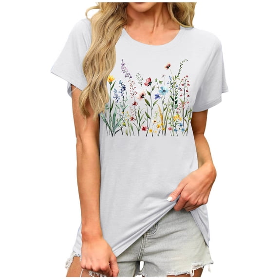 Womens Floral Graphic Tees Short Sleeve Crew Neck Casual T-Shirts Boho Style Cute Summer Loose Fit Tops Blouse