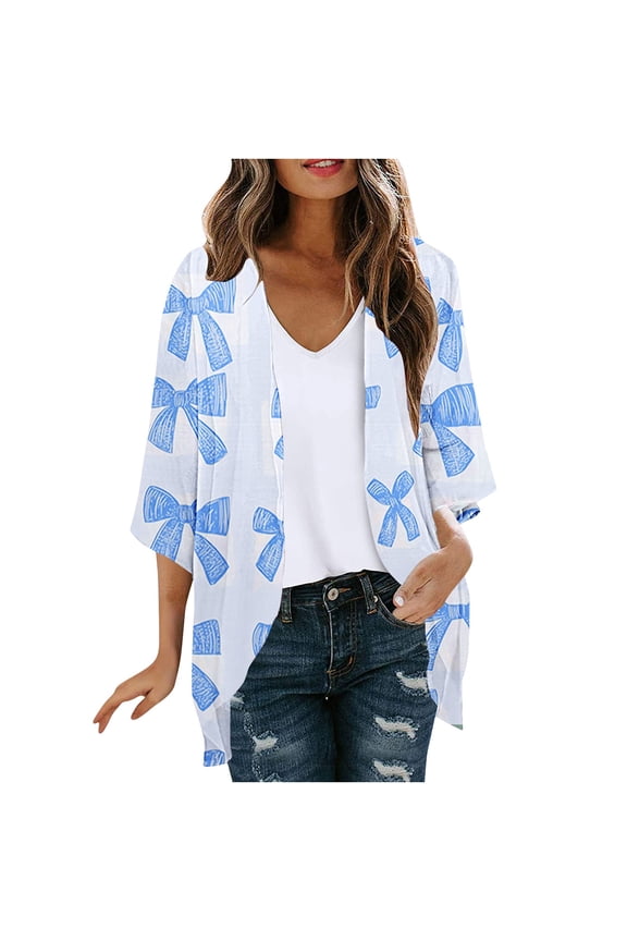 Womens Floral Hawaii Kimono Cardigan 3/4 Sleeve Comfy Loose Fit Lightweight Blouse Tops Coat Casual Travel Jackets