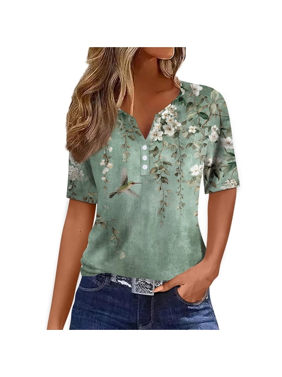 Womens Floral Henley Tops V Neck Button Down Blouses Loose Fit Elbow Sleeve Tunic Shirts Vintage Garden Print Casual Summer Beach Tshirts Tops