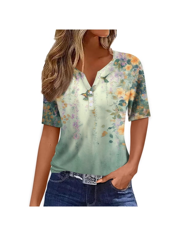 Womens Floral Henley Tops V Neck Button Down Blouses Loose Fit Elbow Sleeve Tunic Shirts Vintage Garden Print Casual Summer Beach Tshirts Tops