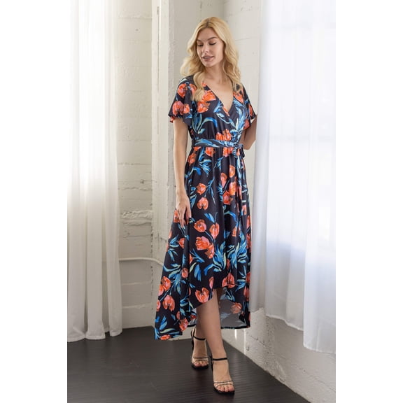 Womens Floral High-Low V-Neck Maxi Dress