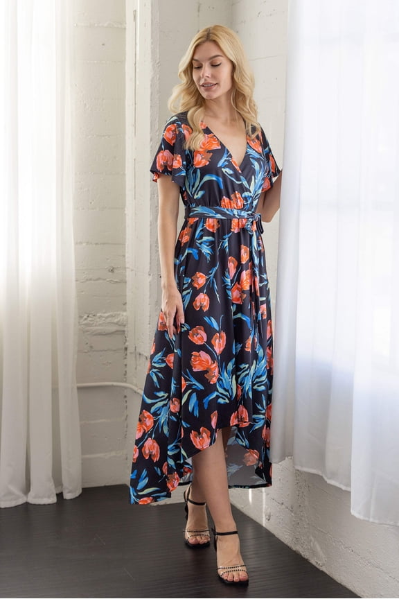 Womens Floral High-Low V-Neck Maxi Dress