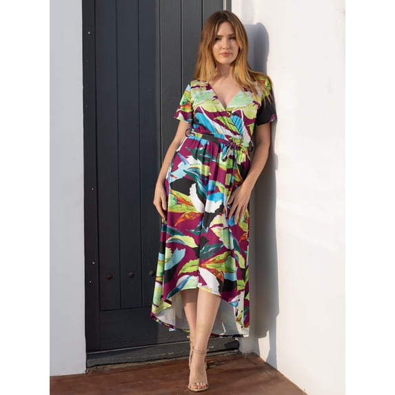 Womens Floral High-Low V-Neck Maxi Dress