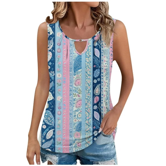 Womens Floral Hollow Tank Sleeveless Keyhole Tunic V Neck Loose Blouse Casual Trendy Flowy Summer Shirt Hiking Vacation Tee Shirts