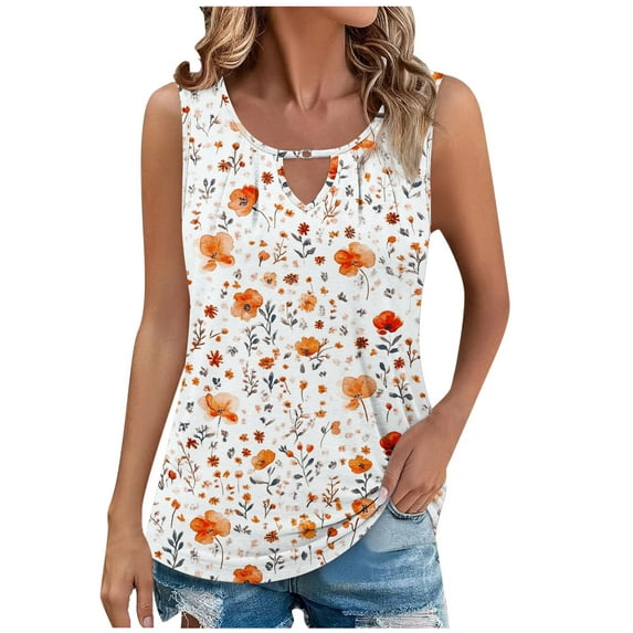Womens Floral Hollow Tank Sleeveless Keyhole Tunic V Neck Loose Blouse Casual Trendy Flowy Summer Shirt Hiking Vacation Tee Shirts
