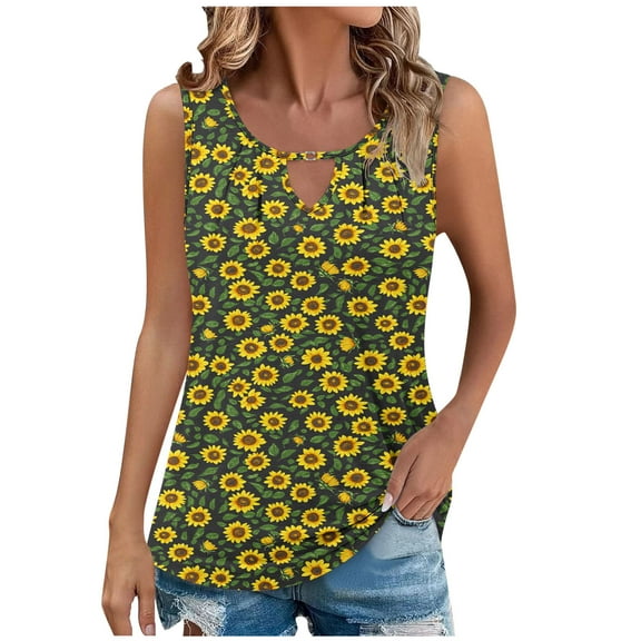 Womens Floral Hollow Tank Sleeveless Keyhole Tunic V Neck Loose Blouse Casual Trendy Flowy Summer Shirt Hiking Vacation Tee Shirts