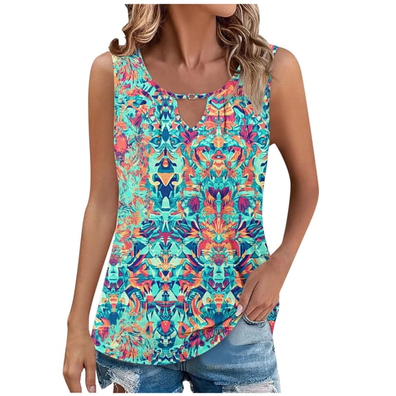 Womens Floral Hollow Tank Sleeveless Keyhole Tunic V Neck Loose Blouse Casual Trendy Flowy Summer Shirt Hiking Vacation Tee Shirts