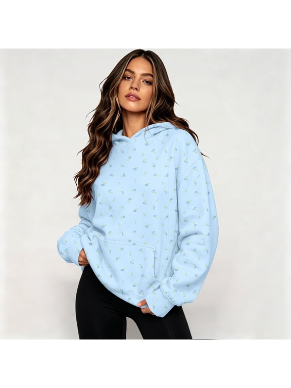 Womens Floral Hoodie Long Sleeve Sweatshirts Kangaroo Pocket Drop Shoulder Drawstring Hood Relaxed Pullover Top Blue S