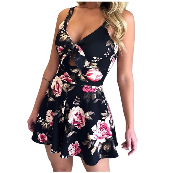 Womens Floral Jumpsuits Fashion Casual Cutout Bowknot Front V Neck Spaghetti Strap Fitted Wide Leg Shorts Rompers (XL, Black)