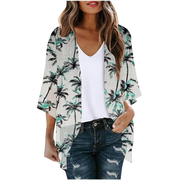 Womens Floral Kimono Cardigans Loose Beach Cover Up 3/4 Sleeve Tops Long Sleeve Printed Casual Blouse