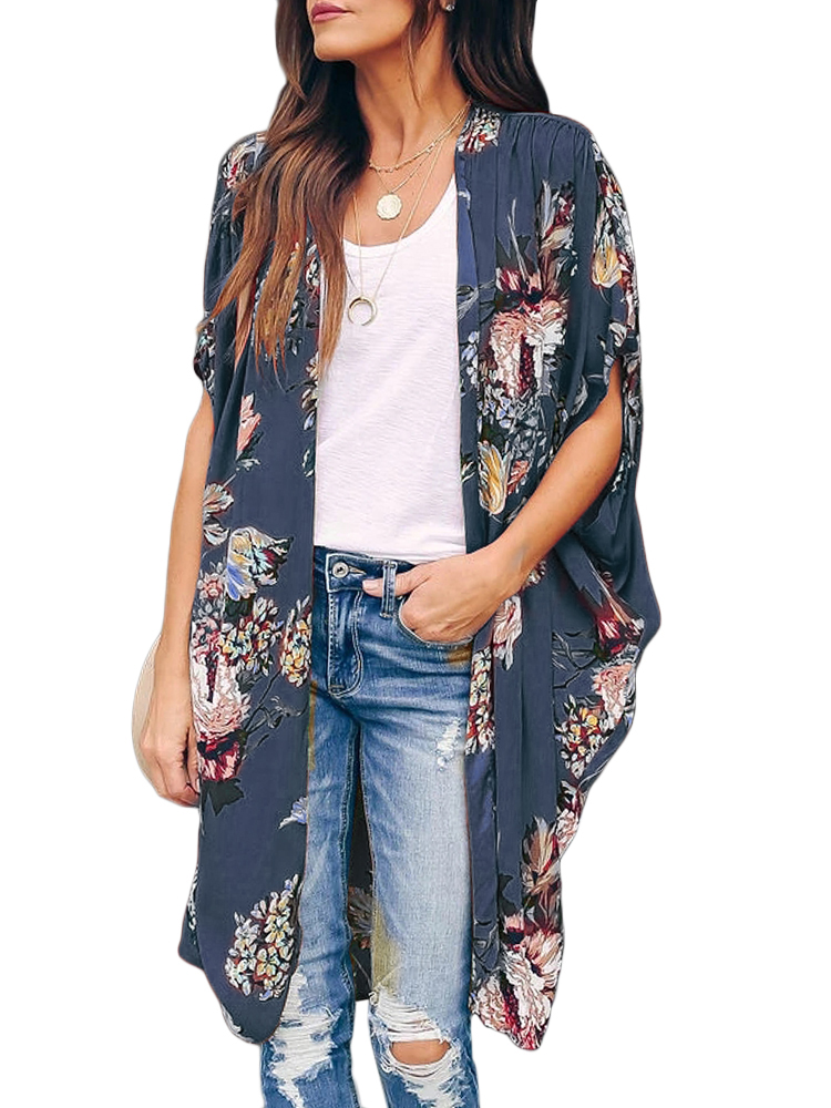 Karuedoo Women Boho Floral Swimwear Cover Up 3/4 Sleeves Front Open ...