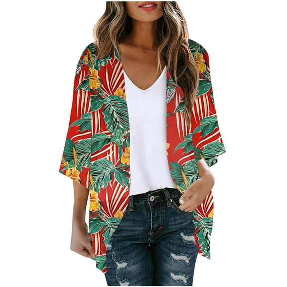 Kimonos for Women Fall Tops Cover up Lightweight Cardigan Casual Floral Tops 3/4 Sleeve Loose Fit Cardigans