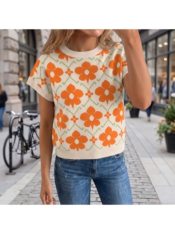 Womens Floral Knit Sweater Short Sleeve Round Neck Loose Fit Casual Top Lightweight Everyday Shirt for Spring Fall Work and