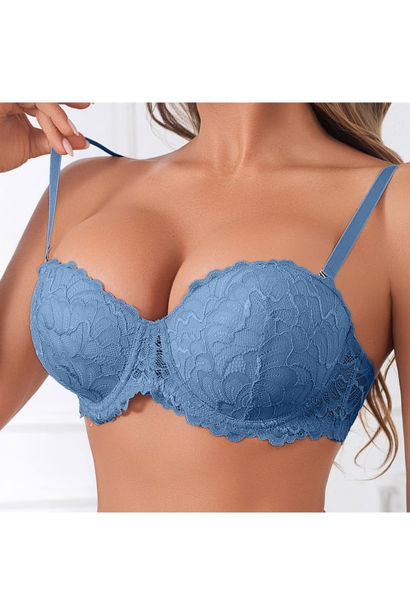 Womens Floral Lace Bra Cute Bow V-Neck Push up T-Shirt Bras with Adjustable Straps Soft Underwire Support Bralette for Daily Wear Padded Sports Bras for Lady Blue M