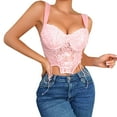 thumbnail image 1 of Womens Floral Lace Corset Tops Cross Tie Underwire Bustier Corsets Overbust Sheer Y2k Going Out Crop Tops Pink, L, 1 of 5