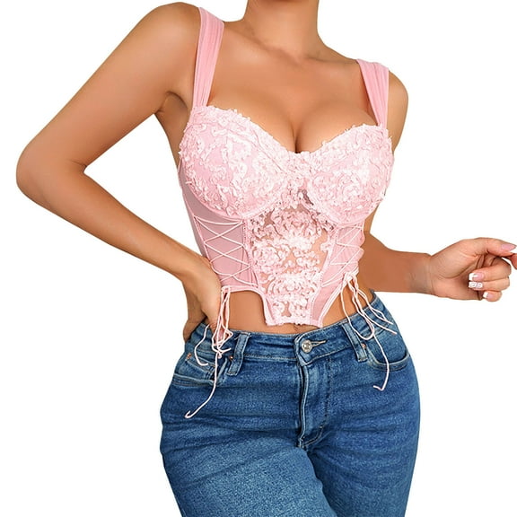 Womens Floral Lace Corset Tops Cross Tie Underwire Bustier Corsets Overbust Sheer Y2k Going Out Crop Tops Pink, S