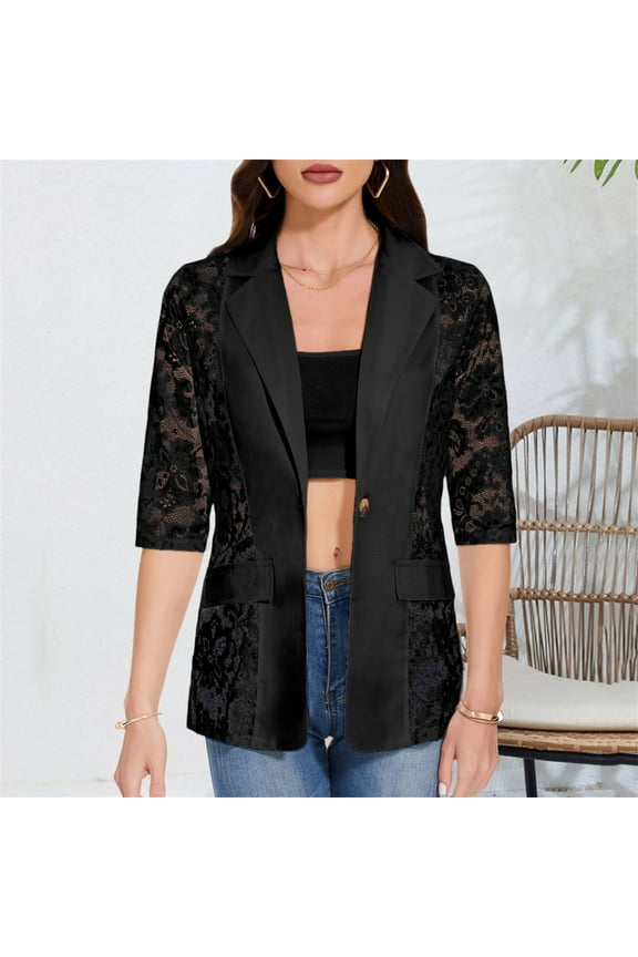 Womens Floral Lace Open Front Blazers Jacket Lightweight Office Work Outwear 3/4 Sleeve Notch Neck Elegant Blazer Ladies Clothes