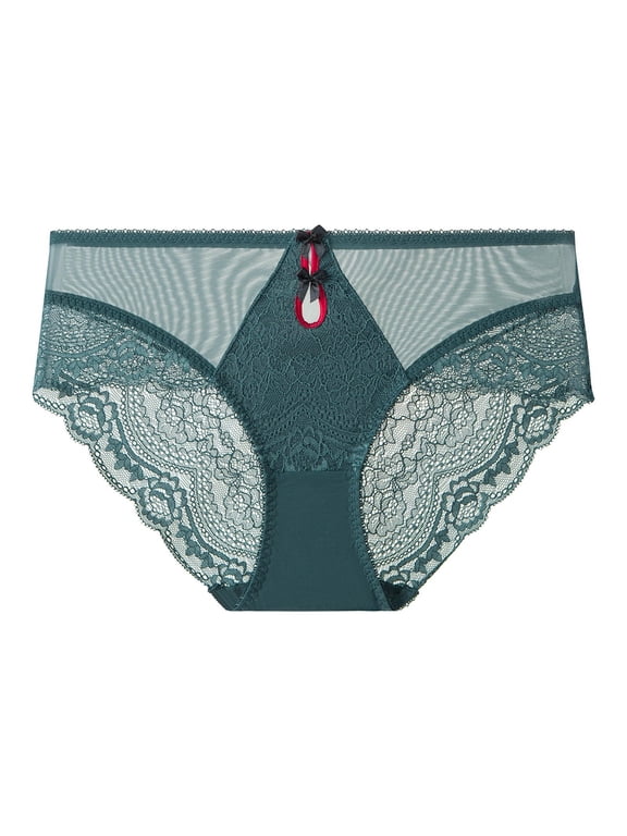 Womens Floral Lace Panties - Green Sheer Mesh Underwear with Bow, Soft Stretchy Fabric, Sizes S-XXL, 1PC,Size M