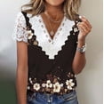 thumbnail image 1 of Womens Floral Lace Trim V-Neck Top Short Sleeve Boho Blouse Casual Shirt Black Multicolor Print Relaxed Fit Machine Washable,Size 2XL, 1 of 5