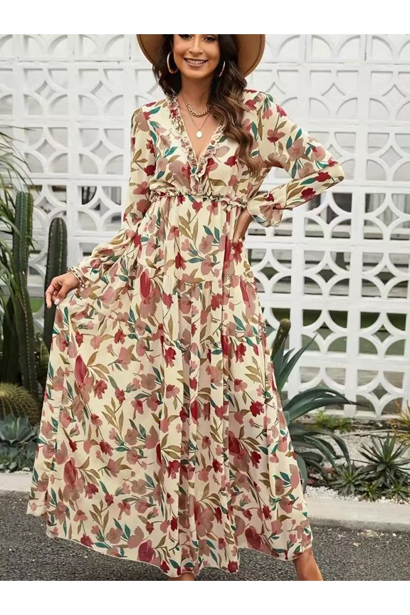 Womens Floral Maxi Dress Casual Deep V Neck Long Sleeve Long Evening Dress Cocktail Party Wedding Dresses