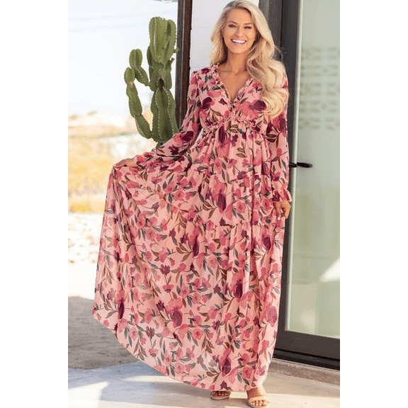 Womens Floral Maxi Dress Casual Deep V Neck Long Sleeve Long Evening Dress Cocktail Party Wedding Dresses