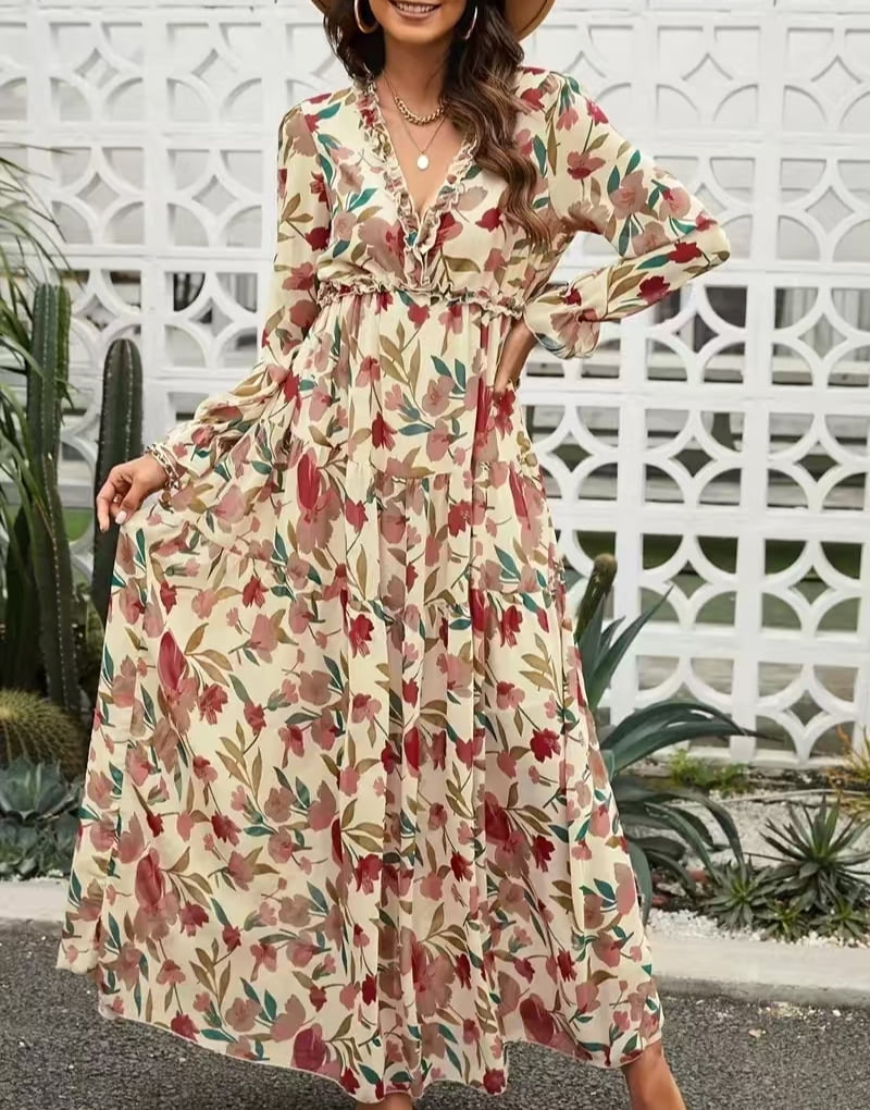 Womens Floral Maxi Dress Casual Deep V Neck Long Sleeve Long Evening ...