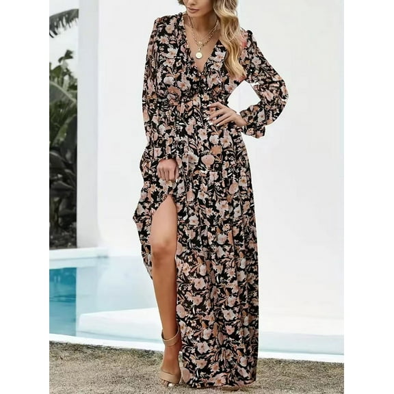 Womens Floral Maxi Dress Casual Deep V Neck Long Sleeve Long Evening Dress Cocktail Party Wedding Dresses